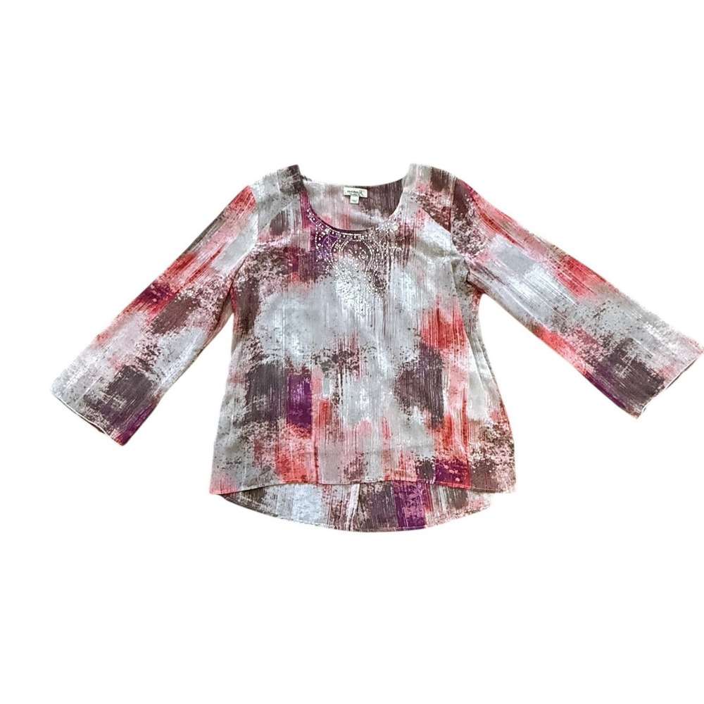 One World Boho Sheer Overlay Bling Neckline Flare Sleeve Top SZ Petite‎ L